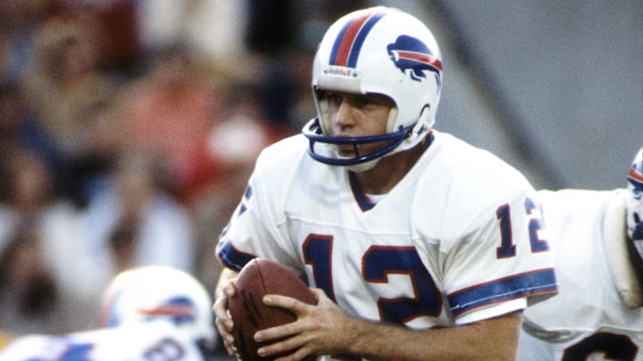 Dec 19, 1982; Tampa, FL, USA; FILE PHOTO; Buffalo Bills quarterback Joe Ferguson (12) in action against the Tampa Bay Buccaneers at Tampa Stadium. Mandatory Credit: Manny Rubio-Imagn Images