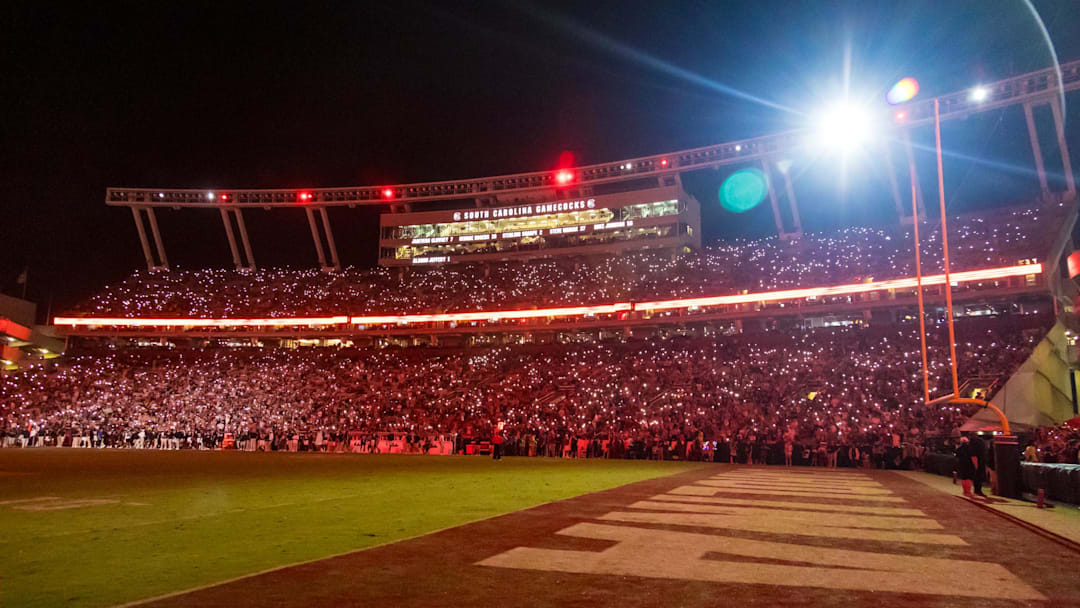 Sep 27, 2025; Columbia, South Carolina, USA;  Part of a light show during a break in the fourth quarter between the South Carolina Gamecocks and Kentucky Wildcats at Williams-Brice Stadium. Mandatory Credit: Jeff Blake-Imagn Images