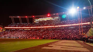 Sep 27, 2025; Columbia, South Carolina, USA;  Part of a light show during a break in the fourth quarter between the South Carolina Gamecocks and Kentucky Wildcats at Williams-Brice Stadium. Mandatory Credit: Jeff Blake-Imagn Images