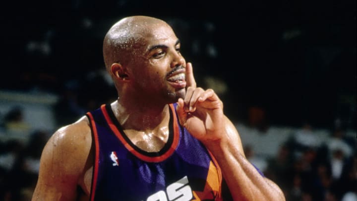 Unknown date 1995; Portland, OR, USA: FILE PHOTO; Phoenix Suns forward Charles Barkley (34) reacts against the Portland Trail Blazers at Memorial Coliseum. Mandatory Credit: USA TODAY Sports