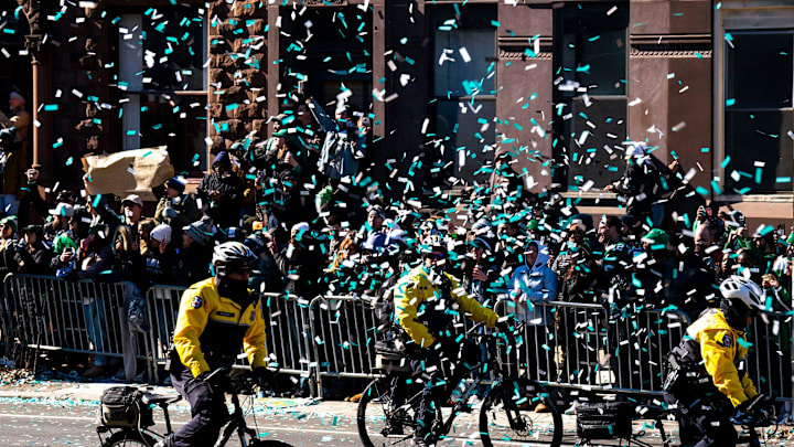 The Philadelphia Eagles Super Bowl 59 victory parade moves along South Broad Street in Philadelphia