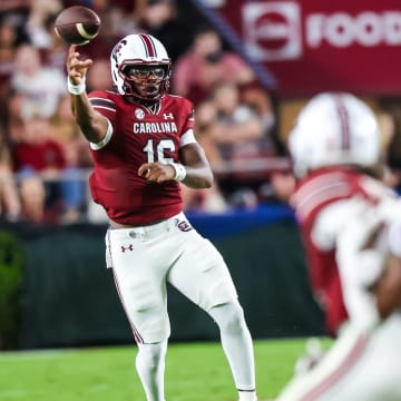 Sep 9, 2023; Columbia, South Carolina, USA; South Carolina Gamecocks quarterback LaNorris Sellers (16) passes against the Furman Paladins during the second half at Williams-Brice Stadium. Mandatory Credit: Jeff Blake-USA TODAY Sports