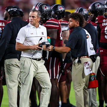 Aug 31, 2024; Columbia, South Carolina, USA; South Carolina Gamecocks head coach Shane Beamer directs his team against the Old Dominion Monarchs in the second half at Williams-Brice Stadium. Mandatory Credit: Jeff Blake-Imagn Images