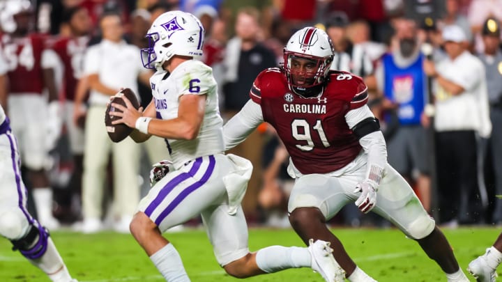 Sep 9, 2023; Columbia, South Carolina, USA; South Carolina Gamecocks defensive tackle Tonka Hemingway (91) pressures Furman Paladins quarterback Tyler Huff (6) during the second quarter at Williams-Brice Stadium. Mandatory Credit: Jeff Blake-USA TODAY Sports