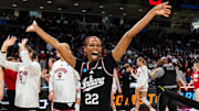 Indiana Hoosiers guard Chloe Moore-McNeil (22) celebrates with teammates following their 76-68 win over the Utah Utes at Colonial Life Arena.