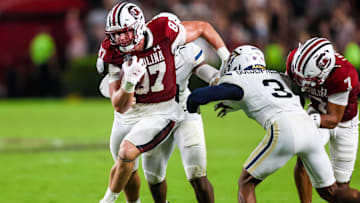 Sep 21, 2024; Columbia, South Carolina, USA;  South Carolina Gamecocks tight end Brady Hunt (87) runs after a catch against the Akron Zips in the second quarter at Williams-Brice Stadium. Mandatory Credit: Jeff Blake-Imagn Images