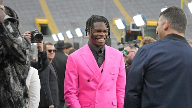 NFL draft prospect, Colorado Buffaloes wide receiver Travis Hunter, arrives during the NFL Draft Red Carpet event at Lambeau 