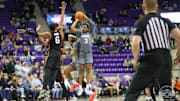 Feb. 12, 2025-TCU's Vasean Allette (3) hits a game winning 3 to beat Oklahoma State 73-72 in the Schollmaier Arena. 