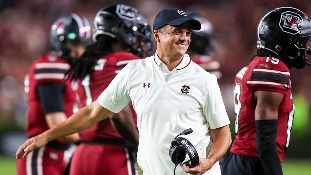 Sep 6, 2025; Columbia, South Carolina, USA; South Carolina Gamecocks head coach Shane Beamer directs his team against the South Carolina State Bulldogs in the second half at Williams-Brice Stadium. Mandatory Credit: Jeff Blake-Imagn Images