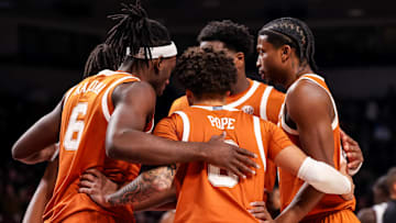 Feb 22, 2025; Columbia, South Carolina, USA; Texas Longhorns players huddle against the South Carolina Gamecocks in the first half at Colonial Life Arena. Mandatory Credit: Jeff Blake-Imagn Images