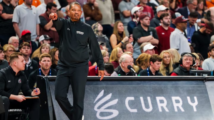 Mar 6, 2024; Columbia, South Carolina, USA; South Carolina Gamecocks head coach Lamont Paris directs his team against the Tennessee Volunteers in the second half at Colonial Life Arena. 