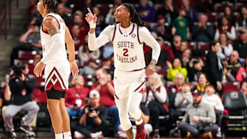 Dec 7, 2024; Columbia, South Carolina, USA; South Carolina Gamecocks guard Zachary Davis (2) celebrates a three point basket against the East Carolina Pirates in the second half at Colonial Life Arena. Mandatory Credit: Jeff Blake-Imagn Images