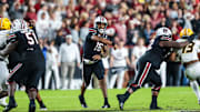South Carolina Gamecocks quarterback LaNorris Sellers passes against the Missouri Tigers in an SEC college football game