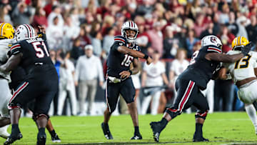 South Carolina Gamecocks quarterback LaNorris Sellers passes against the Missouri Tigers in an SEC college football game