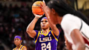 Jan 24, 2025; Columbia, South Carolina, USA; LSU Lady Tigers guard Aneesah Morrow (24) shoots a free throw against the South Carolina Gamecocks in the second half at Colonial Life Arena. Mandatory Credit: Jeff Blake-Imagn Images