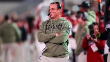Nov 23, 2024; Columbia, South Carolina, USA; South Carolina Gamecocks head coach Shane Beamer directs his team against the Wofford Terriers in the second half at Williams-Brice Stadium. Mandatory Credit: Jeff Blake-Imagn Images