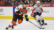 Feb 6, 2025; Philadelphia, Pennsylvania, USA; Philadelphia Flyers right wing Matvei Michkov (39) takes a shot on goal against the Washington Capitals during the first period at Wells Fargo Center. Mandatory Credit: Eric Hartline-Imagn Images