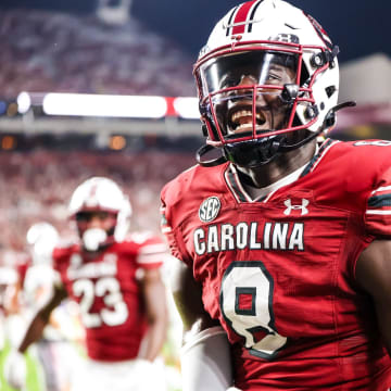 Sep 9, 2023; Columbia, South Carolina, USA; South Carolina Gamecocks wide receiver Nyck Harbor (8) celebrates a touchdown during the third quarter at Williams-Brice Stadium. Mandatory Credit: Jeff Blake-USA TODAY Sports