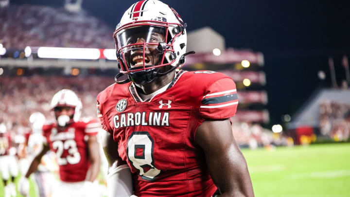 Sep 9, 2023; Columbia, South Carolina, USA; South Carolina Gamecocks wide receiver Nyck Harbor (8) celebrates a touchdown during the third quarter at Williams-Brice Stadium. Mandatory Credit: Jeff Blake-USA TODAY Sports