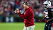 Nov 16, 2024; Columbia, South Carolina, USA; South Carolina Gamecocks head coach Shane Beamer directs his team against the Missouri Tigers in the second half at Williams-Brice Stadium. Mandatory Credit: Jeff Blake-Imagn Images