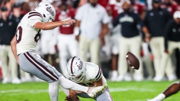 Sep 23, 2023; Columbia, South Carolina, USA; Mississippi State Bulldogs place kicker Kyle Ferrie (80) kicks a field goal against the South Carolina Gamecocks in the second half at Williams-Brice Stadium. Mandatory Credit: Jeff Blake-USA TODAY Sports