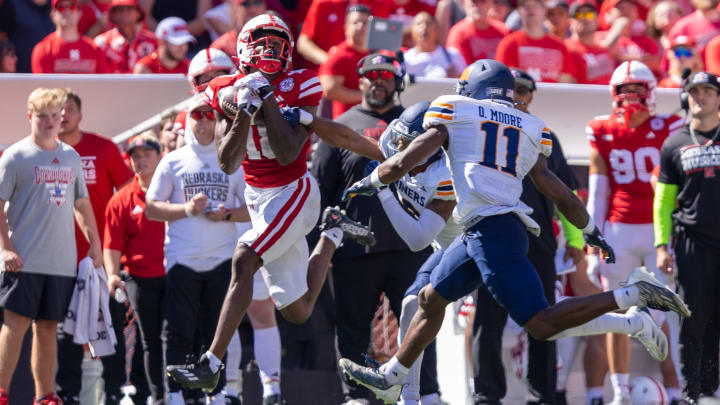 Nebraska wide receiver Isaiah Neyor gathers in a Dylan Raiola pass for a 59-yard touchdown catch during the second quarter vs. UTEP on Aug. 31, 2024.