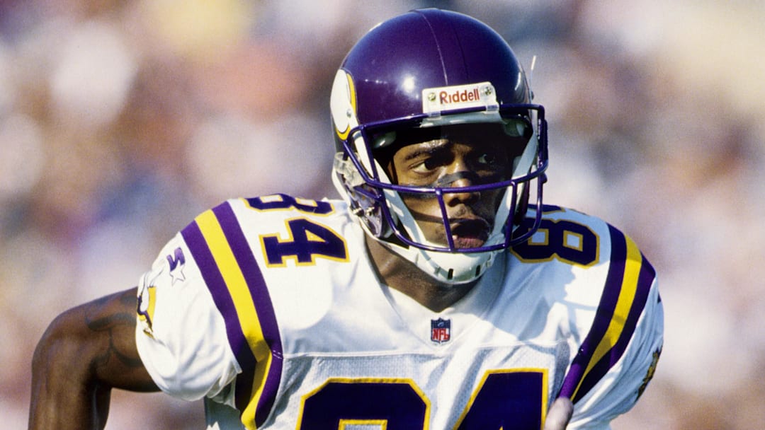 Sep 27, 1998; Chicago, IL, USA; Minnesota Vikings receiver Randy Moss (84) in action against the Chicago Bears at Soldier Field. FILE PHOTO; Mandatory Credit: Imagn Images