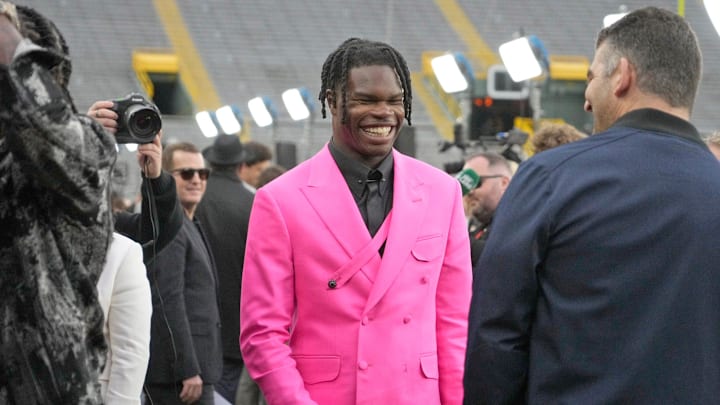 NFL draft prospect, Colorado Buffaloes wide receiver Travis Hunter, arrives during the NFL Draft Red Carpet event at Lambeau Field in Green Bay on Thursday, April 24, 2025.