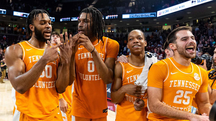 Mar 6, 2024; Columbia, South Carolina, USA; Tennessee Volunteers guard Josiah-Jordan James (30), forward Jonas Aidoo (0), guard Jordan Gainey (2), and guard Santiago Vescovi (25)