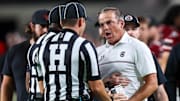 Sep 13, 2025; Columbia, South Carolina, USA; South Carolina Gamecocks head coach Shane Beamer reacts to the play that knocked out his QB quarterback LaNorris Sellers (16) against the Vanderbilt Commodores in the second quarter at Williams-Brice Stadium. Mandatory Credit: Jeff Blake-Imagn Images