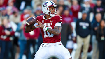 Nov 23, 2024; Columbia, South Carolina, USA; South Carolina Gamecocks quarterback LaNorris Sellers (16) throws a pass against the Wofford Terriers in the first quarter at Williams-Brice Stadium. Mandatory Credit: Jeff Blake-Imagn Images