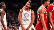 Mar 1, 2025; Columbia, South Carolina, USA; South Carolina Gamecocks forward Collin Murray-Boyles (30) celebrates a play against the Arkansas Razorbacks in the first half at Colonial Life Arena. Mandatory Credit: Jeff Blake-Imagn Images
