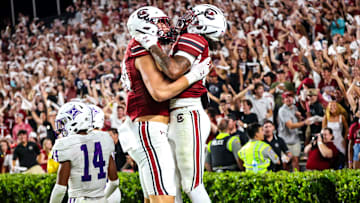 South Carolina football tight end Nick Elksnis (left) celebrating Tyshawn Russell's touchdown against Furman last season
