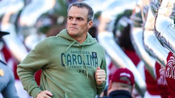 Nov 23, 2024; Columbia, South Carolina, USA; South Carolina Gamecocks head coach Shane Beamer takes the field with his team before a game against the Wofford Terriers at Williams-Brice Stadium. Mandatory Credit: Jeff Blake-Imagn Images