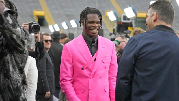 NFL draft prospect, Colorado Buffaloes wide receiver Travis Hunter, arrives during the NFL Draft Red Carpet event at Lambeau