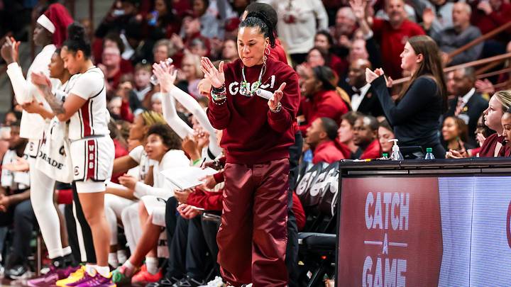 Jan 24, 2025; Columbia, South Carolina, USA; South Carolina Gamecocks head coach Dawn Staley reacts to a play against the LSU Lady Tigers in the second half at Colonial Life Arena. Mandatory Credit: Jeff Blake-Imagn Images