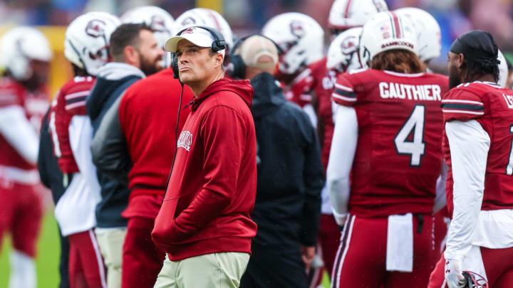 Nov 11, 2023; Columbia, South Carolina, USA; South Carolina Gamecocks head coach Shane Beamer directs his team against the Vanderbilt Commodores in the second quarter at Williams-Brice Stadium. Mandatory Credit: Jeff Blake-USA TODAY Sports