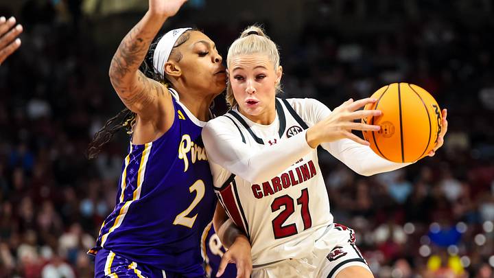 Nov 17, 2024; Columbia, South Carolina, USA; South Carolina Gamecocks forward Chloe Kitts (21) drives around East Carolina Lady Pirates forward Tatyana Wyche (2) in the first half at Colonial Life Arena. Mandatory Credit: Jeff Blake-Imagn Images