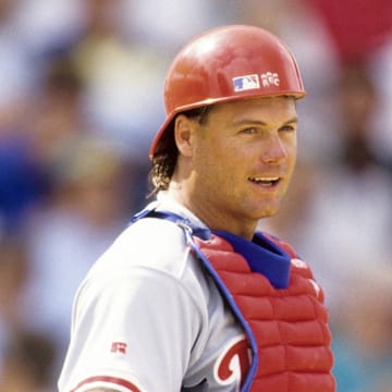 1994, Unknown location, USA; FILE PHOTO; Philadelphia Phillies catcher Darren Daulton on the field during the 1994 season. Mandatory Credit: RVR Photos-Imagn Images