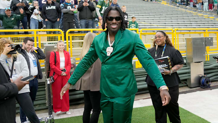 Cincinnati Bengals rookie Shemar Stewart of Texas A&M arrives during the NFL Draft Red Carpet event at Lambeau Field