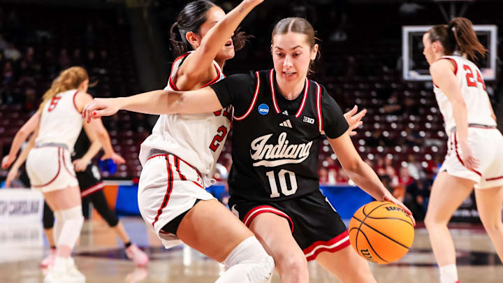 Indiana Hoosiers guard Shay Ciezki (10) drives around Utah Utes guard Ines Vieira (2) in the first half at Colonial Life Arena. Indiana Hoosiers guard Shay Ciezki (10) drives around Utah Utes guard Ines Vieira (2) in the first half at Colonial Life Arena.