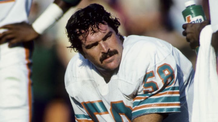 Kim Bokamper (58) on the sideline during a game against the New York Jets at the Orange Bowl in 1982.