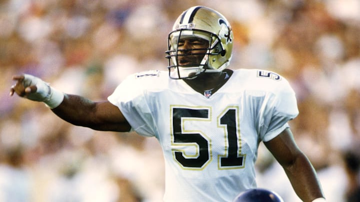 Aug 10, 1992; Chicago, IL, USA; New Orleans Saints linebacker Sam Mills (51) on the field against the Chicago Bears during a pre-season game at Soldier Field. FILE PHOTO; Mandatory Credit: Imagn Images
