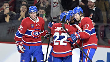 Jan 25, 2024; Montreal, Quebec, CAN; Montreal Canadiens forward Sean Monahan (91) celebrates with