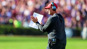 Oct 25, 2025; Columbia, South Carolina, USA; Alabama Crimson Tide head coach Kalen Deboer directs his team against the South Carolina Gamecocks in the first quarter.