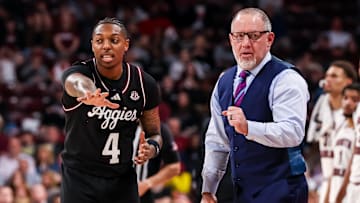 Feb 1, 2025; Columbia, South Carolina, USA; Texas A&M Aggies head coach Buzz Williams directs guard Wade Taylor IV (4) in the second half at Colonial Life Arena. Mandatory Credit: Jeff Blake-Imagn Images
