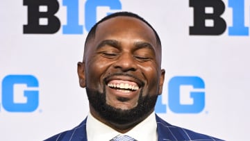 Jul 25, 2024; Indianapolis, IN, USA; Michigan Wolverines head coach Sherrone Moore speaks to the media during the Big 10 football media day at Lucas Oil Stadium. Mandatory Credit: Robert Goddin-USA TODAY Sports