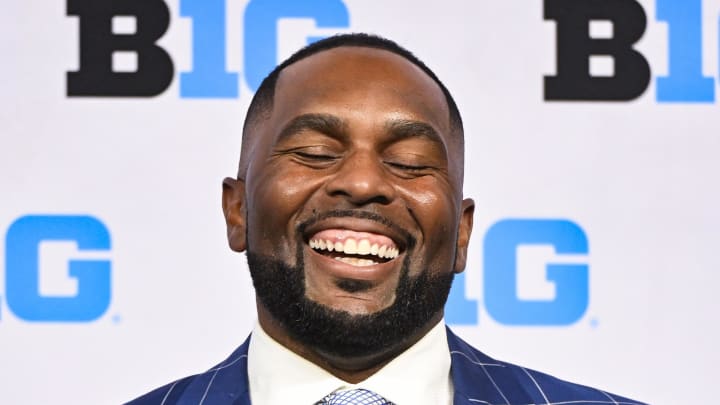 Jul 25, 2024; Indianapolis, IN, USA; Michigan Wolverines head coach Sherrone Moore speaks to the media during the Big 10 football media day at Lucas Oil Stadium. Mandatory Credit: Robert Goddin-USA TODAY Sports