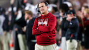 Nov 16, 2024; Columbia, South Carolina, USA; South Carolina Gamecocks head coach Shane Beamer directs his team against the Missouri Tigers in the second half at Williams-Brice Stadium. Mandatory Credit: Jeff Blake-Imagn Images