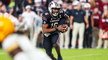 Nov 16, 2024; Columbia, South Carolina, USA; South Carolina Gamecocks quarterback LaNorris Sellers (16) scrambles against the Missouri Tigers in the second half at Williams-Brice Stadium. Mandatory Credit: Jeff Blake-Imagn Images